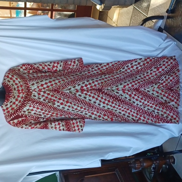Vintage Handmade Print Kaftan Caftan Dress Maxi Bell Sleeves Red Cream M - Picture 1 of 5